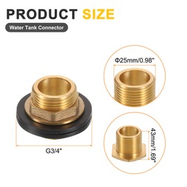 sourcing map Brass Bulkhead Fitting with Washer, G3/4" Male Brass Water Tank Connector, Brass Threaded Hose Adapter with 2 Rubber Rings for Various Pipes, Faucets, Hoses, Fittings