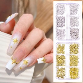HYWWPFLAY 24 Grids Summer Nail Charms for Acrylic Nails - Gold & Silver Stars, Seashell, Starfish, Caviar Beads, Rhinestones, Pearls 3D Nail Charms, DIY Nail Art Decoration, Wax Pen & Tweezers
