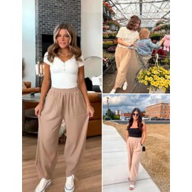 Xiaoxuemeng Womens Baggy Wide Leg Pants Casual Elastic Waisted Palazzo Harem Pants with Pockets (Khaki-M)