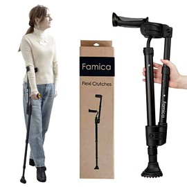 Famica Crutch for Adult (x1 Unit, Open Cuff) - Adjustable Ergonomic Handles, Cuff, Height, Foldable, Lightweight and Non-slip Forearm Crutches