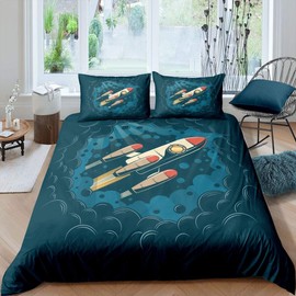 Space Rocket Bedding Set Outer Space Adventure Duvet Cover For Kids Planet Ship Comforter Cover Galaxy Universe Quilt Cover 2Pcs Single Size