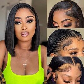 Bob Wig Human Hair 13x4 Lace Frontal Wigs Human Hair Short Straight Bob Human Hair Wigs for Black Women Pre Plucked Hairline with Baby Hair 150 Density Glueless Lace Closure Wig(8”Natural Black)
