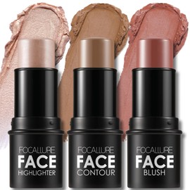 FOCALLURE 3 Pcs Cream Contour Sticks,Shades with Highlighter & Bronzer & Blush,Non-greasy Long-wear Face Contouring Pen,Easy to Sculpt the Face and Create a Lightweight Finishing Makeup,MEDIUM
