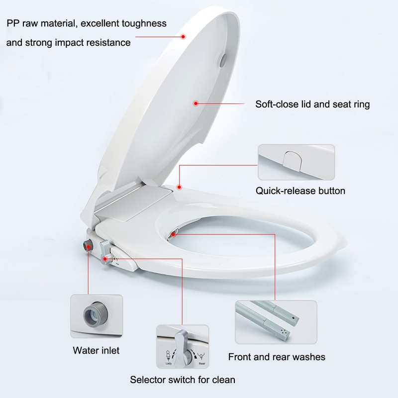 Non-Electric Bidet Toilet Seat, Round Fit with Quiet-Close Lid, Dual