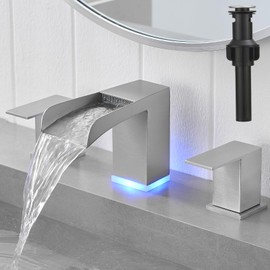 Kroias Brushed Nickel Waterfall LED Bathroom Faucet 3 Hole, 8 Inch Widespread Bathroom Sink Faucets with 3 Colors Light Changing, Vanity Faucet 2 Handle with Pop Up Drain