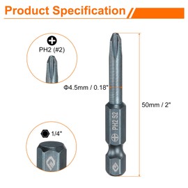 sourcing map #2 Phillips Screwdriver Bit PH2 1/4" Hex Shank 2" (50mm) Long 0.18" Rod Magnetic Cross Head Drill Bits S2 Steel Industrial Screw Driver Bit for Electric Power Tools, Blue