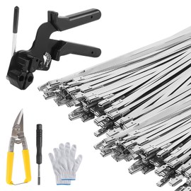 300 PCS 11.8 Inch Metal Zip Ties, Stainless Steel Cable Tie Gun Set, Heavy Duty Self-locking Cable Ties Adjustable Metal Zip Ties Tool Kit for Machinery Exhaust Wrap Pipes Cables Fence (Silver)