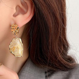 14K Gold Irregular Geometry Acrylic Dangling Earrings for Women,Vintage Large Resin Statement Hanging Earrings,Trendy Birthday Jewelry Gifts (White)