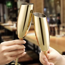 Gold Champagne Flutes Set of 4,Stainless Steel Champagne Glasses for Celebration Toasting Birthday Anniversary Bride Groom Mr Mrs Wedding Party,Long Stem Metal Wine Cups for Christmas,Outdoor