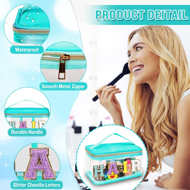 izuzta Bolsas de maquillaje transparentes con letras de chenilla, bolsa