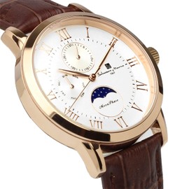 Salvatore Mara SM21106-PGWH Men's Wristwatch, Moon Phase, Multi Calendar, Waterproof, 5 ATM, Business & Formal Watch, Leather Strap, Pink Gold, White, red, Classic