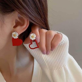 Xmsrn Vintage Daisy Flower Stud Earrings Red Heart Love Stud Earrings Asymmetrical Love Heart Drop Earrings Boho Flower Daisy Earrings for Women