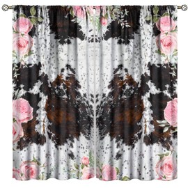 SHElifestyle Farmhouse Cowhide Print Curtain for Bedroom, Vintage Black White Cow Fur Pattern Window Treatment Rustic Country Floral Window Drapes for Woman Living Room W42 X L63