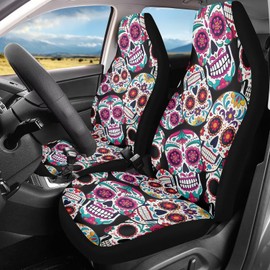 Qpednta Sugar Skull Car Seat Covers Breathable Front Seat Covers Easy Installation Stretch Polyester Fabric Cover Protection Interior Accessories Universal Fit Most Cars,SUV, Trucks