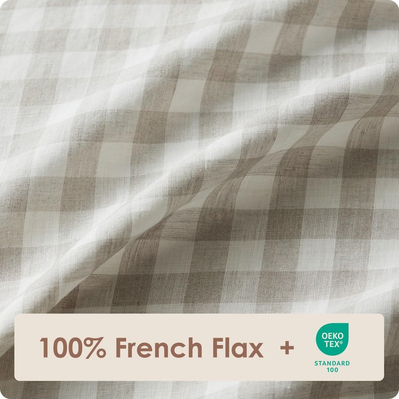 DAPU Linen Sheets Set Full, Gingham Check Plaid 100% Washed