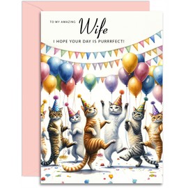 Wife Birthday Card - Dancing Cats Design - Happy Birthday Card for Her. A5 with Pink Envelope - Designed and Printed in the UK
