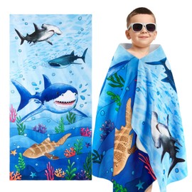 WERNNSAI Shark Kids Beach Towel for Boys-76x150 cm Quick Dry Sand-Free Swim Towels for Boys Super Soft Absorbent Towel, Pool Camping Travel Bath Towel for Outdoor Sports Picnic