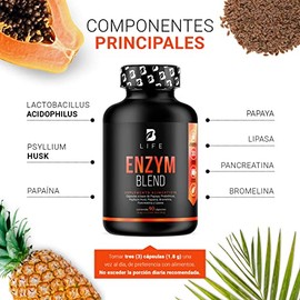 Enzimas Digestivas, Probióticos, Papaya y Psyllium Husk 90 Cápsulas 1800 mg por porción. Ingredientes Naturales. Enzym Blend B Life.
