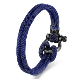 BIYONGDE Dark Blue Nautical Sailor Rope Bracelet, Two-row Dark Blue Friendship Bracelete with Stainless Steel Screw Marine Anchor Shackles