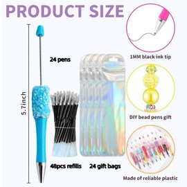Liplustoyi 96 Pieces DIY Beadable Pens Kit 24 Pcs Plastic Petal Glitter Beaded Pens and 48 Refills and 24 Bags Ballpoint School Supplies for DIY Making Office Party(Dark)