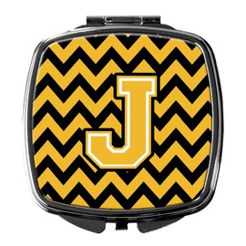 Caroline's Treasures CJ1053-JSCM Letter J Chevron Black and Gold Compact Mirror Decorative Travel Makeup Mirror for Women Girls Gifts Pocket Makeup Mirror Folding Handheld