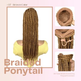 VAVANGA Senegalese Twist Braid Ponytail 20inch, Light Brown Long 2X Twist Braiding Hair Drawstring Ponytail Extension Hairpiece Crochet Braids Clip-in Braided Pony Tail for Black Women(27#, 20")