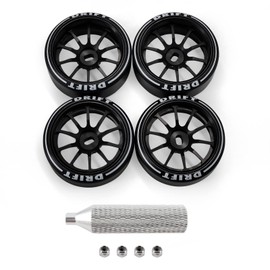 Abendor 10 Spoke Rc Drift Wheels & Tires for 1/24 1/28 Wltoys, [2N+2W] 4 Pcs Aluminum Alloy Rims with Rc Drift Car Tires for 1/24 1/28 Mini-Q HGD1 HGV1 Upgrade Parts (Black with Logo Tires)