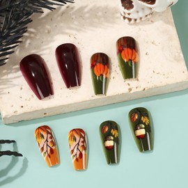 Thanksgiving Press on Nails Medium Ballet Shaped Fall Maple Leaf Pumpkin Pattern Acrylic False Nail Full Cover Glossy Autumn Stick on Nail Festival Artificial Fingernails Glue on Nails for Women 24Pcs