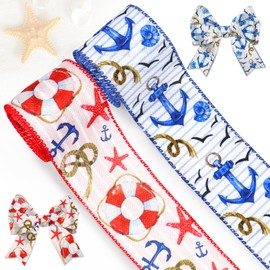 Summer Nautical Ribbon Wired Edge Coastal Anchor Blue White Red Lifebuoy Ribbon for Wreath Bows Gift Wrapping DIY Crafts Beach Party Wedding Ocean Theme Decoration 2 Rolls 2.5 Inch × 5 Yards