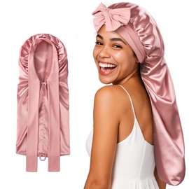 Umisleep 22 Momme Mulberry Silk Bonnet for Sleeping Women, Untangled Hair Care Bonnet, Extra Long for Curls & Braids - Lays Flat for Styling, Double Layer Hair Wrap with Soft Adjustable Tie, Pink