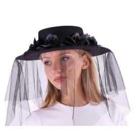 BEYOND MASQUERADE Steampunk Plague Doctor Flat Top Hat - Black Hat with Veil and Black Roses USA