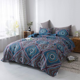 DaDa Bedding Bohemian Native Bedspread - Rustic Navy Blue Geometric Diamond Shapes - Bright Vibrant Multi-Colorful Quilted Coverlet Set - Red Orange & Yellow White Tones - King Size - 3-Pieces