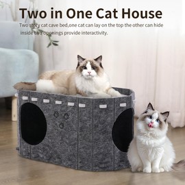 RXQNN Cosy Cat House for Indoor Cats,2 in 1 Durable Cat Cave Bed for Multiple Cats up to 22lb,Space Saving Cat Hideaway Enclosed Bed with 2 Exits (Grey)