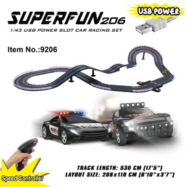 Joysway: SuperFun 206-1/43 USB Power Slot Car Racing Set, Layout Size: 82"x43", LED Headlights, Lap Counter, Ages 8+