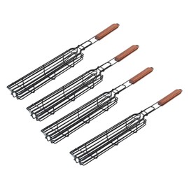 Baoblaze 4x Kebab Grilling Baskets Grill Cages Wooden Handle Metal Racks Practical BBQ Skewers Tools for Meat Hot Dogs