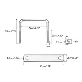 sourcing map Square U-Bolts, 2 Sets 72mm(2.83") Inner Width 70mm Length M8 304 Stainless Steel U Clamp Bolt with Nuts and Plates, for Boat Trailer