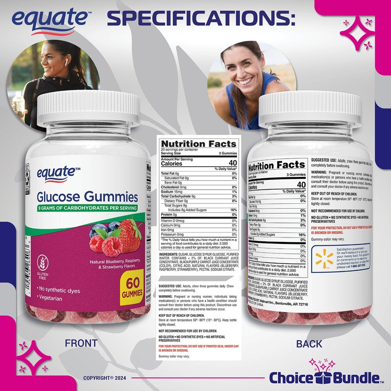 Choice Bundle Equate Glucose Gummies Compare to ReliOn Berry Flavor