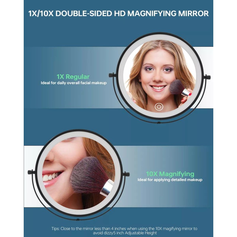 Erlingeryi Espejo De Maquillaje Iluminado 9 Con Aumento De 1x