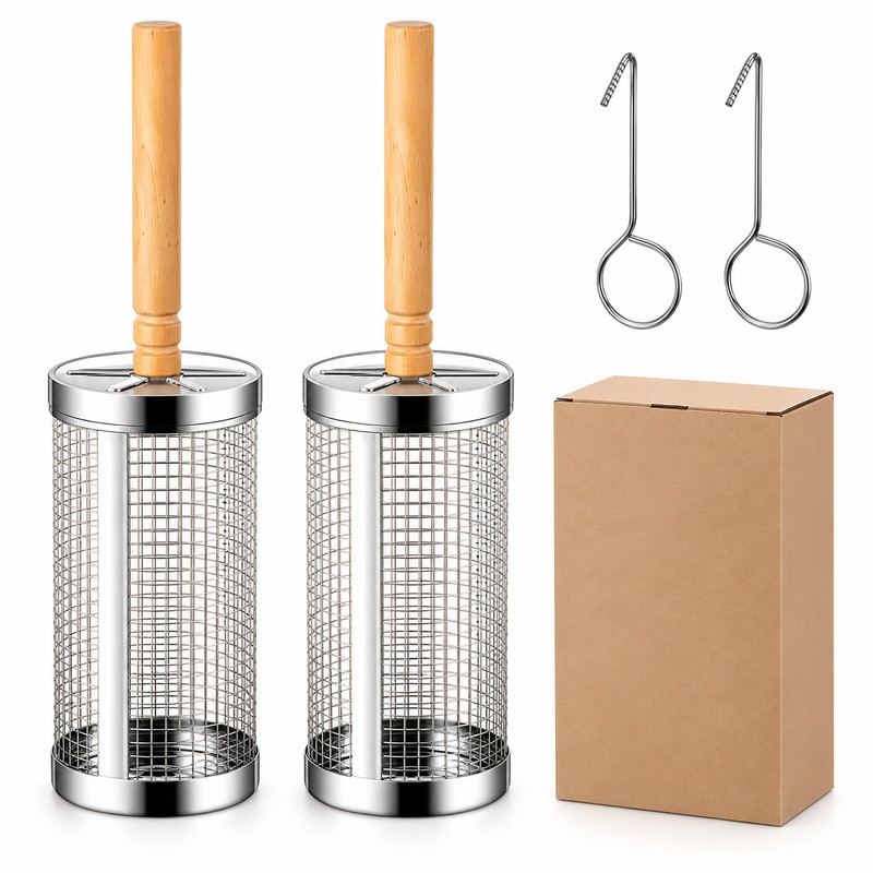 4-Pack Stainless Steel Rolling Grill Baskets for BBQ – Wooden