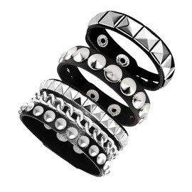 Tosmifairy 3 Pieces Punk Rock Leather Bracelets for Women Pop 80s 90s Emo Jewelry Accessories Retro Spiked Adjustable Wrap Wrist Cuffs (Classic Style)
