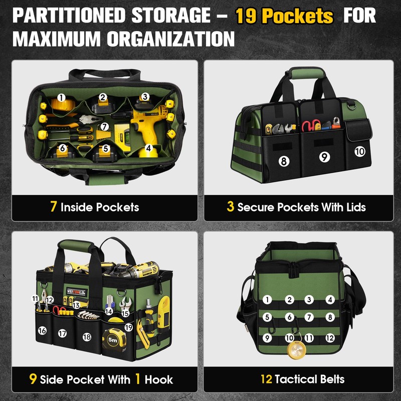 Heavy Duty Tool Bag 16-Inch - 19 Pockets Tool Organizer,