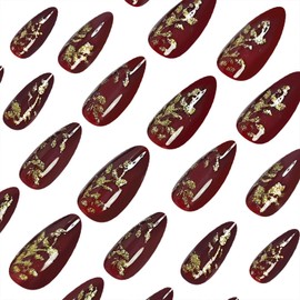 Fall Press on Nails Medium Almond Fake Nails with Design Gold Leaf Glitter False Nails Wine Red Acrylic Nails Artificial Press Ons Nails Full Cover Stick on Nail for Women 24 Pcs Nail Supplies