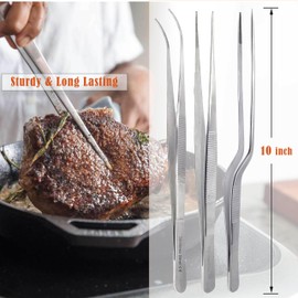 A2Z Fine Cooking Tweezers Set, Set of 3 Professional Stainless Steel Food Tongs, Kitchen Silver Long Chef Tongs for Cooking, Plating, Decorating and BBQ - Precision Serrated Tips (10")