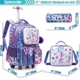 Egchescebo Kids Rolling Backpack for Girls Mermaid Suitcases Trolley Roller Luggage Backpacks on Wheels with Lunch Box Pencil Case for Elementary Multiple Function Pockets Travel school Bag Purple