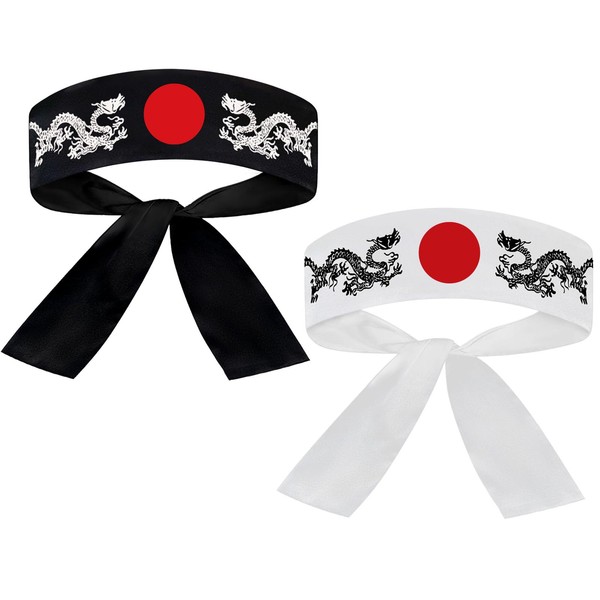 Cotton Tie on Headband (1 White + 1 Black) For Sports/Exercise/Cooking (Dragon)