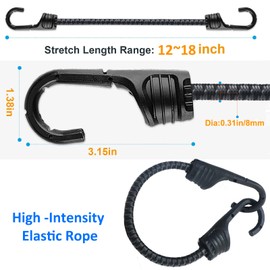 12 Inch Bungee Cord with Dual Hooks, Heavy Duty Outdoor 5Pack 8mm Multi-Purpose Elastic Bungee Straps Gray Black Bungee Straps Tie Down for Luggage, Bike