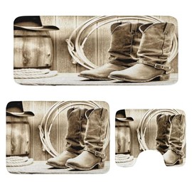 Ambesonne Western Bathroom Rug Set 3 Pieces, American West Themed Photograph Focused on Boots in Front of Cask Composition, Plush 2 Rectangular Floor Mats & a U-Shape Toilet Mat, Sepia and Beige