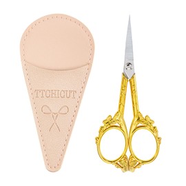 Tijeras clásico de acero inoxidable, pequeñas tijeras de costura y ganchillo para costura, manualidades y trabajos artísticos, herramienta manual de manualidades con funda de piel sintética (dorado)