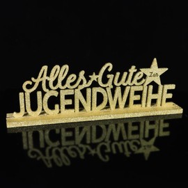 BETESSIN Youth Consecration Decoration Gold Glitter – Alles Gute zur Jugendweihe Wooden Lettering with Base – Youth Consecration Table Decoration Wood – Youth Consecration Gifts for Boys and Girls