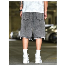 BEAUDRM Men's Y2k Ripped Distressed Baggy Jean Shorts Frayed Hem Straight Leg Denim Shorts Hip Hop Jorts Streetwear Grey X-Large